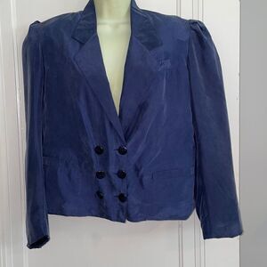 Vintage 80s/90s navy blue silk cropped double breasted jacket/blazer